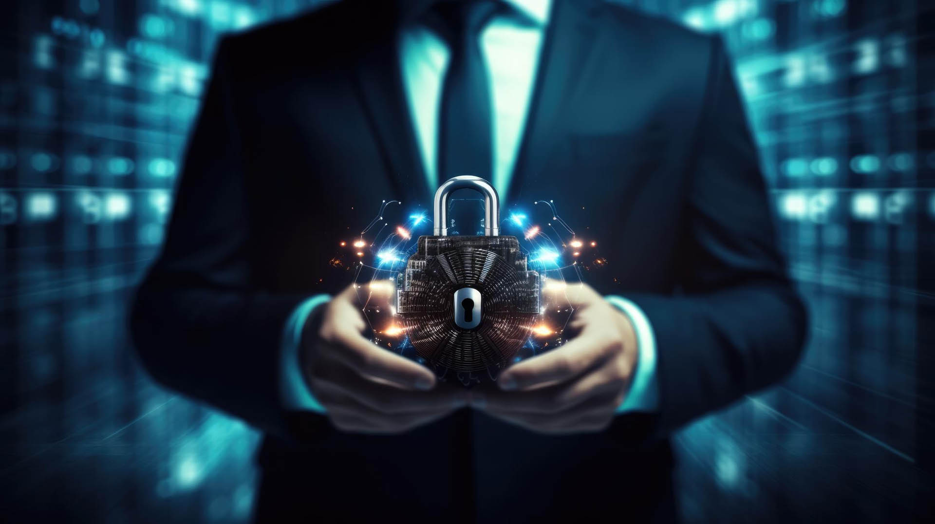 Illustrative businessperson holding a digital padlock