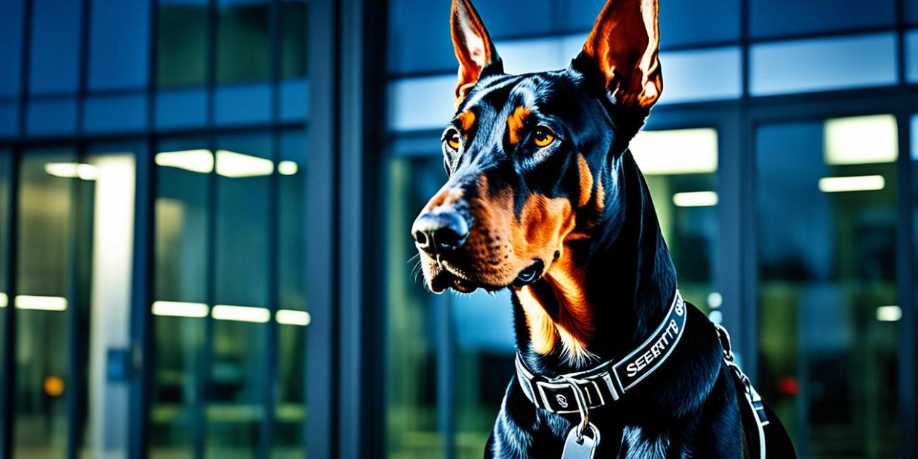 Illustrative portrait of a security dog outside a building