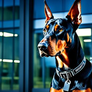 Illustrative portrait of a security dog outside a building