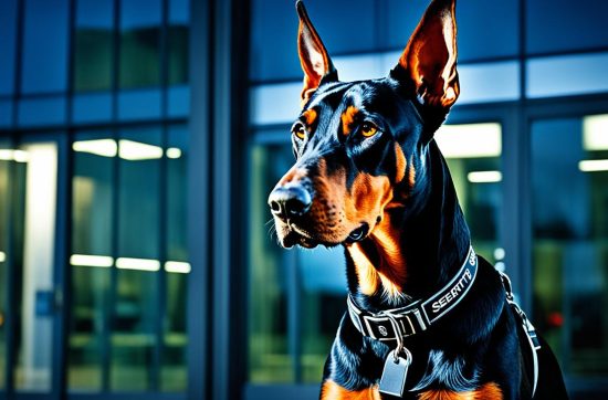 Illustrative portrait of a security dog outside a building