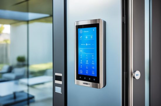 Illustrative electronic door-entry keypad beside a glass door