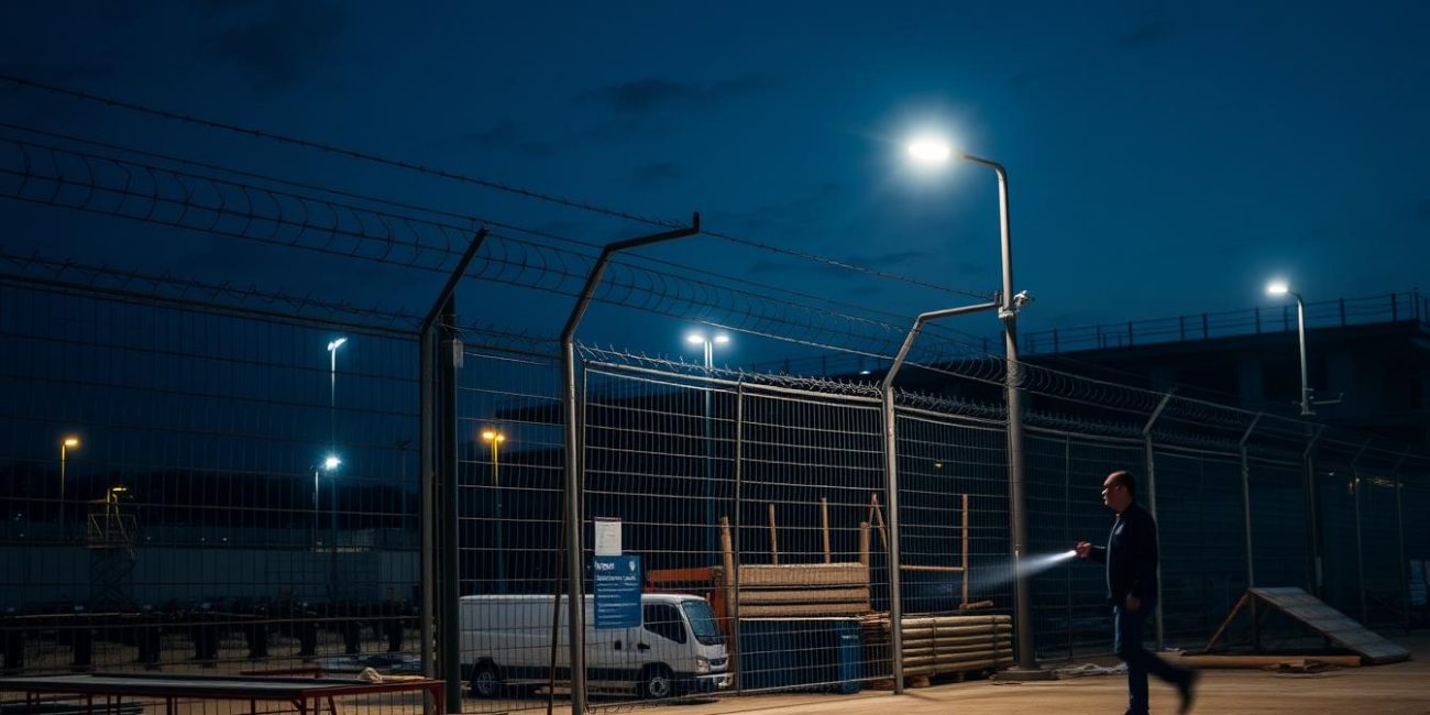 Illustrative scene of a person with a torch beside construction-site fencing at night
