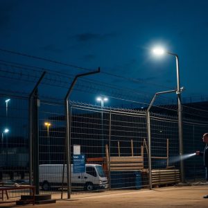 Illustrative scene of a person with a torch beside construction-site fencing at night