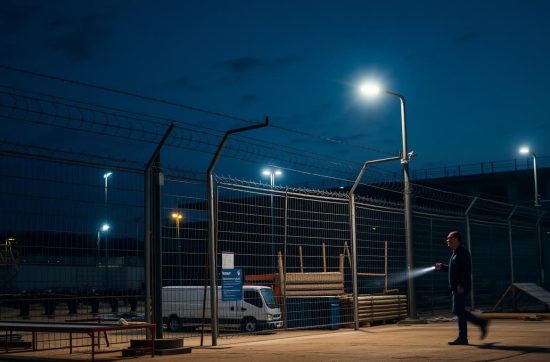 Illustrative scene of a person with a torch beside construction-site fencing at night