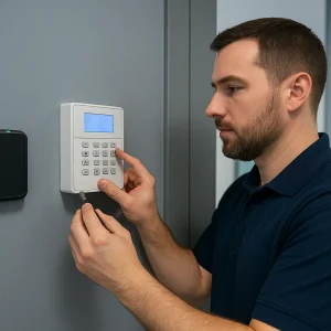 Illustrative image of an access-control keypad and card reader