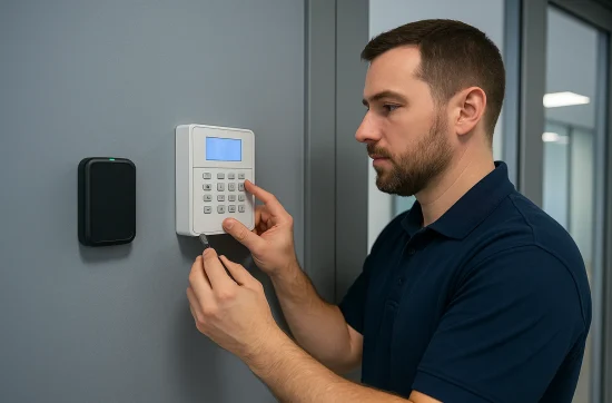 Illustrative image of an access-control keypad and card reader