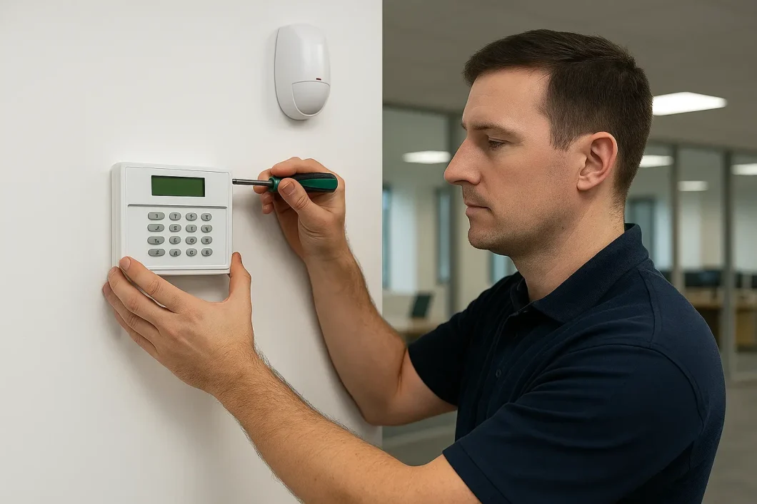 Security engineer installing a commercial alarm system in London office