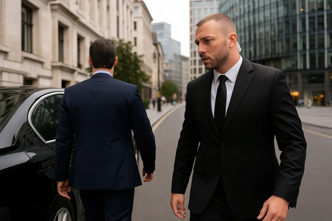 Close protection bodyguard escorting VIP client in London