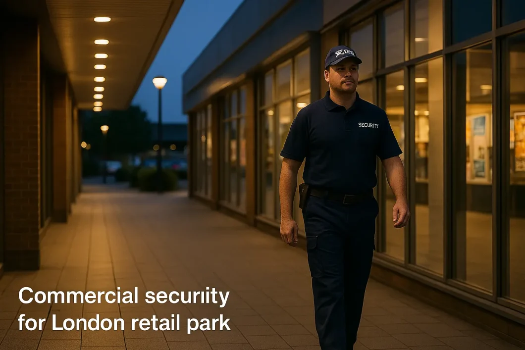 Uniformed commercial security officer patrolling a London retail park