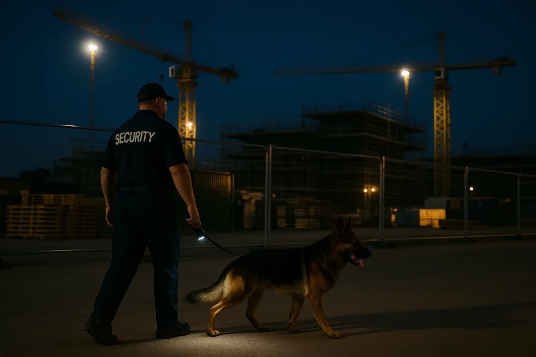 K9 security patrol on a London construction site at night