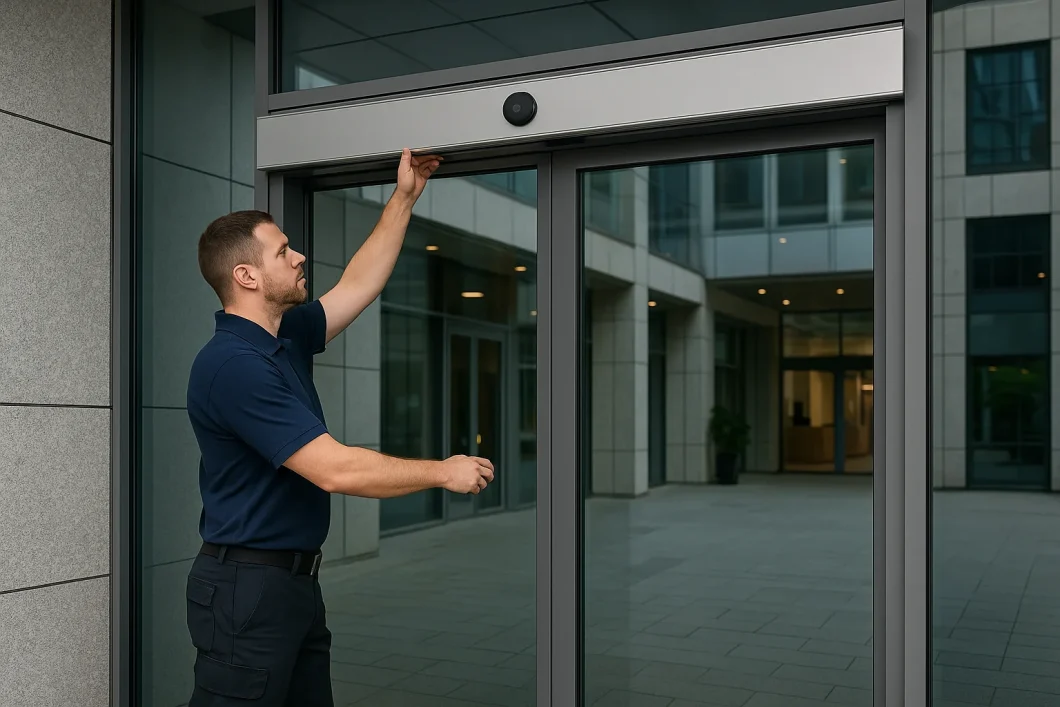 Automatic sliding glass doors installed at a London office building