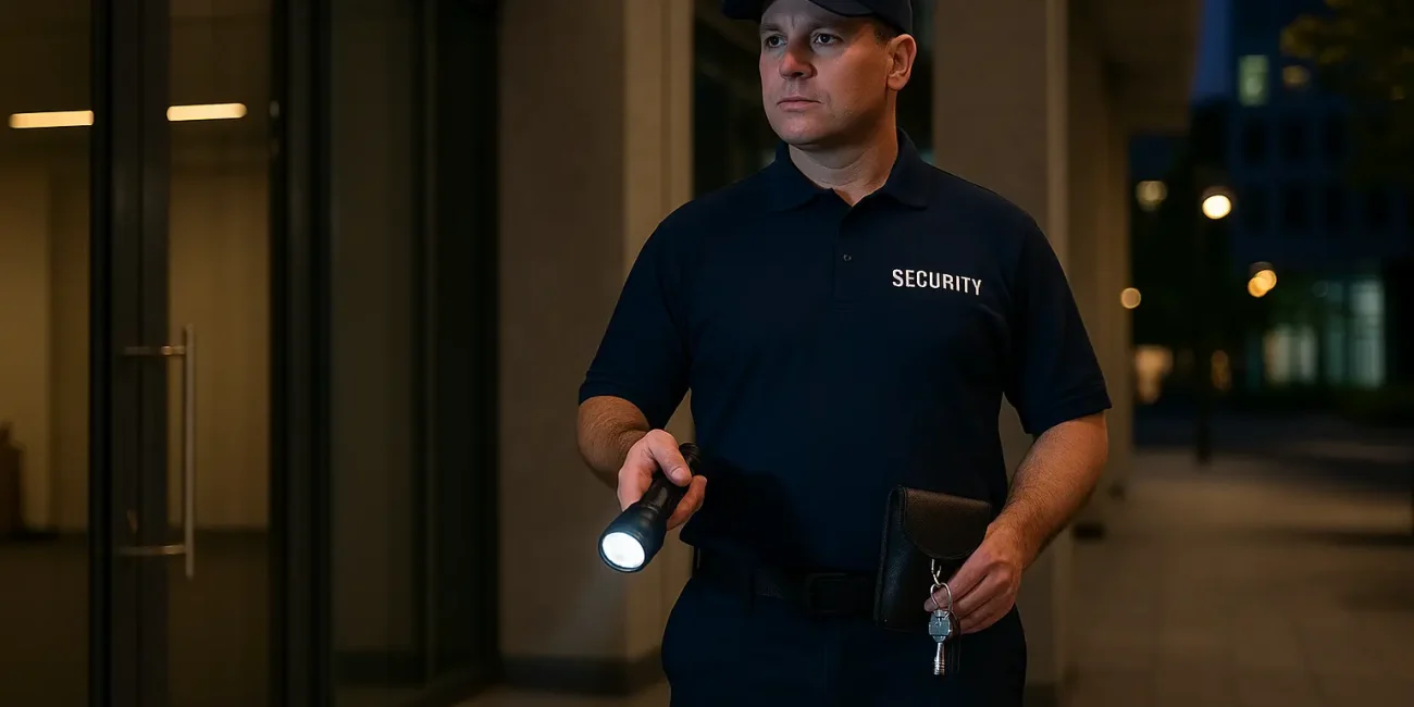 Illustrative security officer holding keys and a torch at night