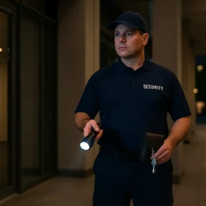 Illustrative security officer holding keys and a torch at night