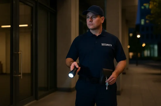 Illustrative security officer holding keys and a torch at night