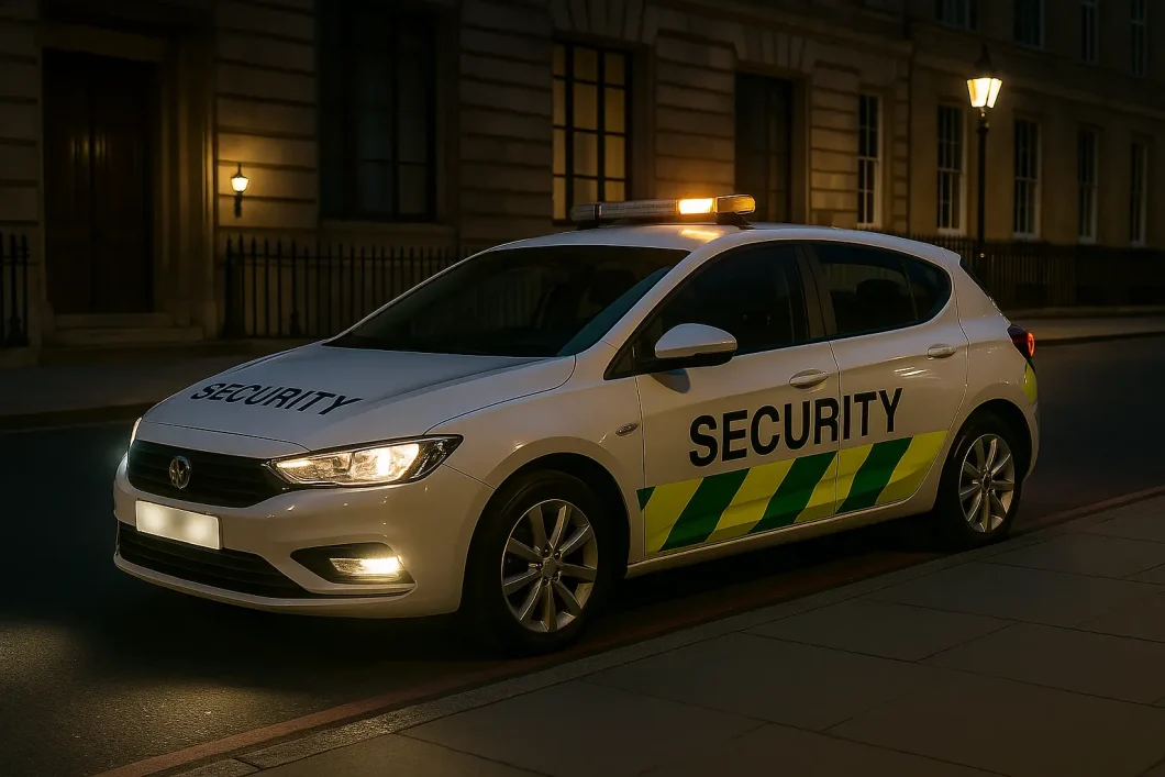 Marked security patrol vehicle conducting perimeter checks in London