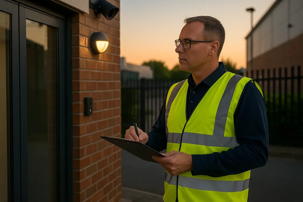 Security consultant reviewing site risks and access control in London