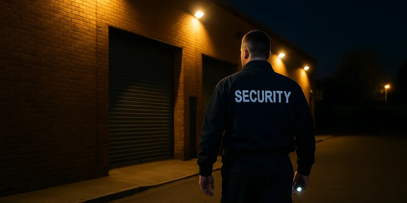 Illustrative image of a guard outside a commercial building at night