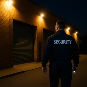 Illustrative image of a guard outside a commercial building at night