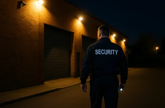 Illustrative image of a guard outside a commercial building at night