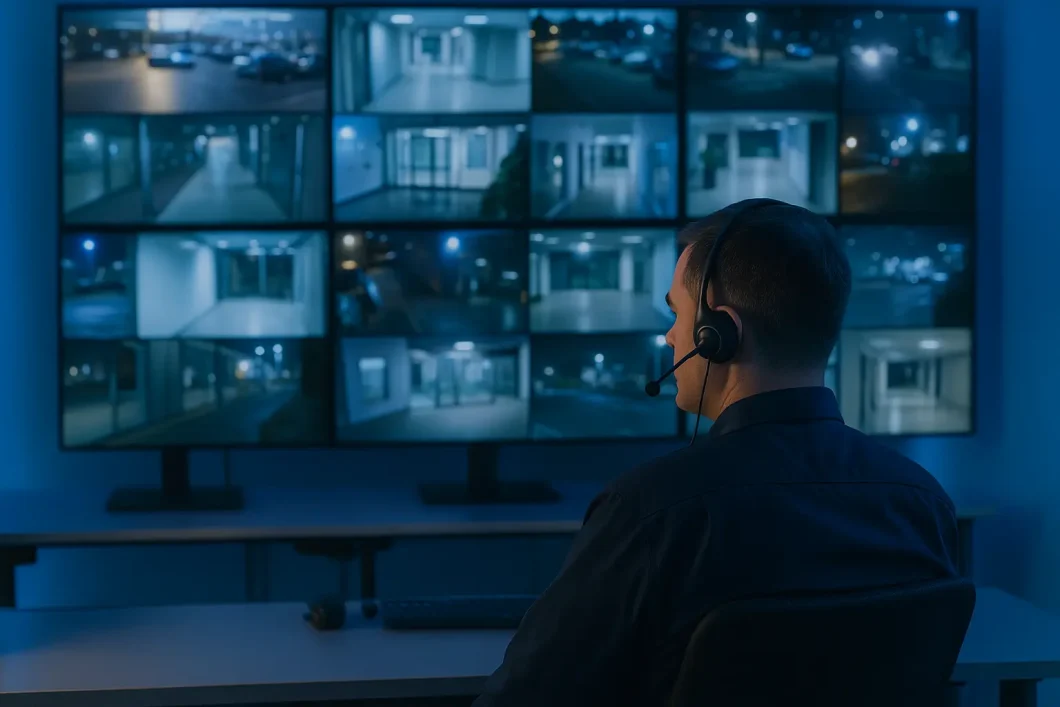 Security operator monitoring CCTV feeds in London control room