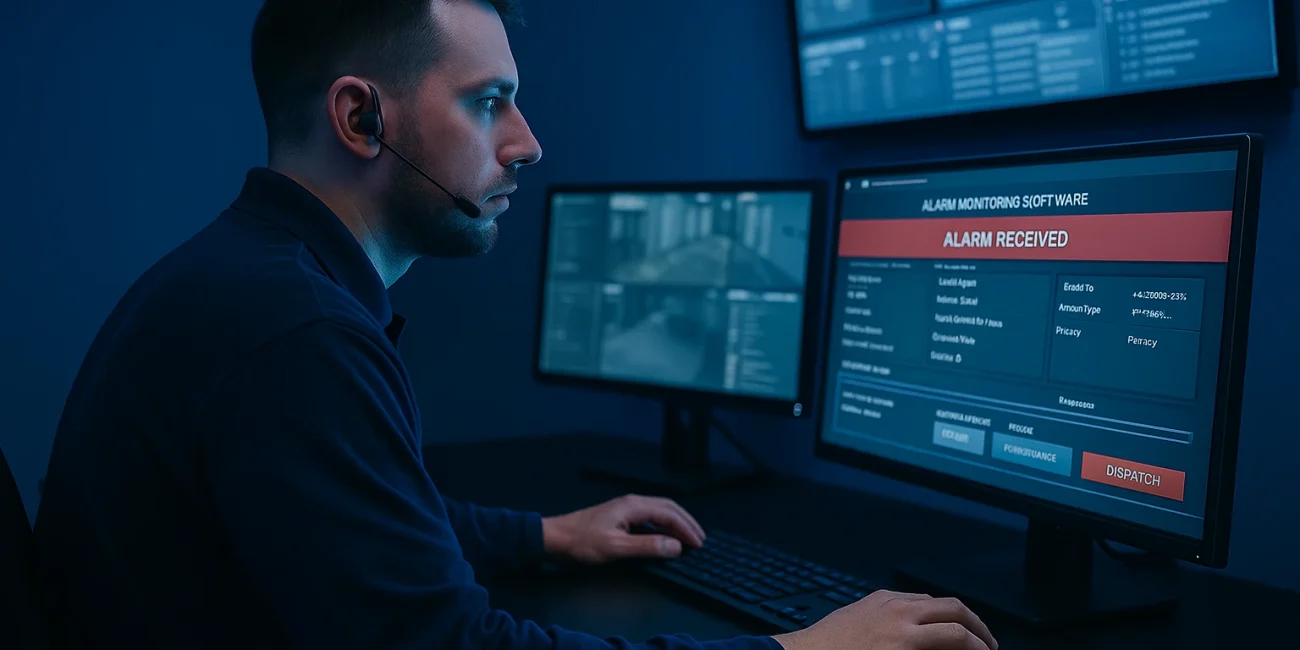 Illustrative alarm-monitoring operator reviewing an alert on multiple screens
