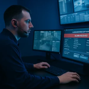 Illustrative alarm-monitoring operator reviewing an alert on multiple screens