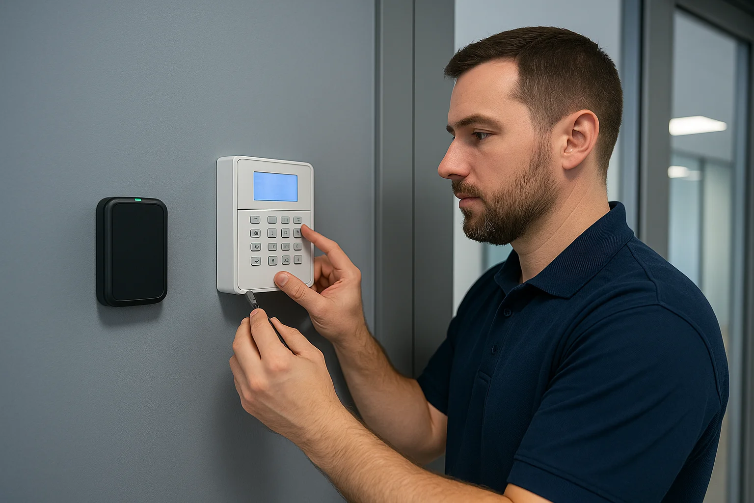 Security engineer configuring access control system in London office building