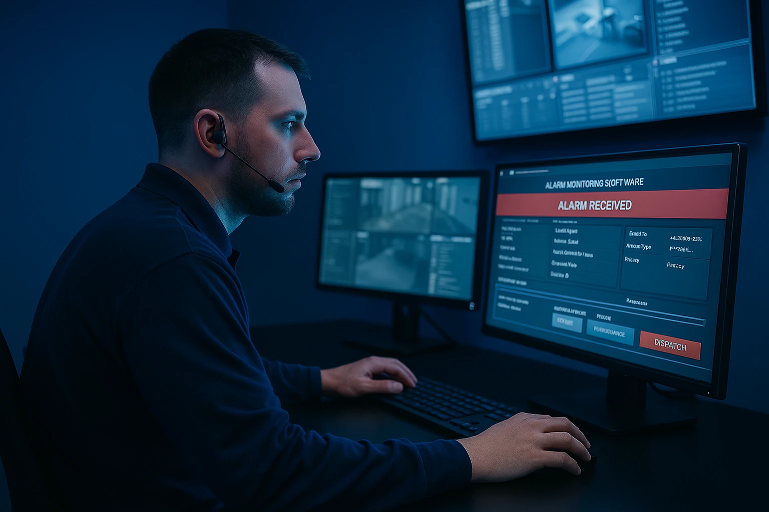 Alarm monitoring operator reviewing alerts on screen in London control room