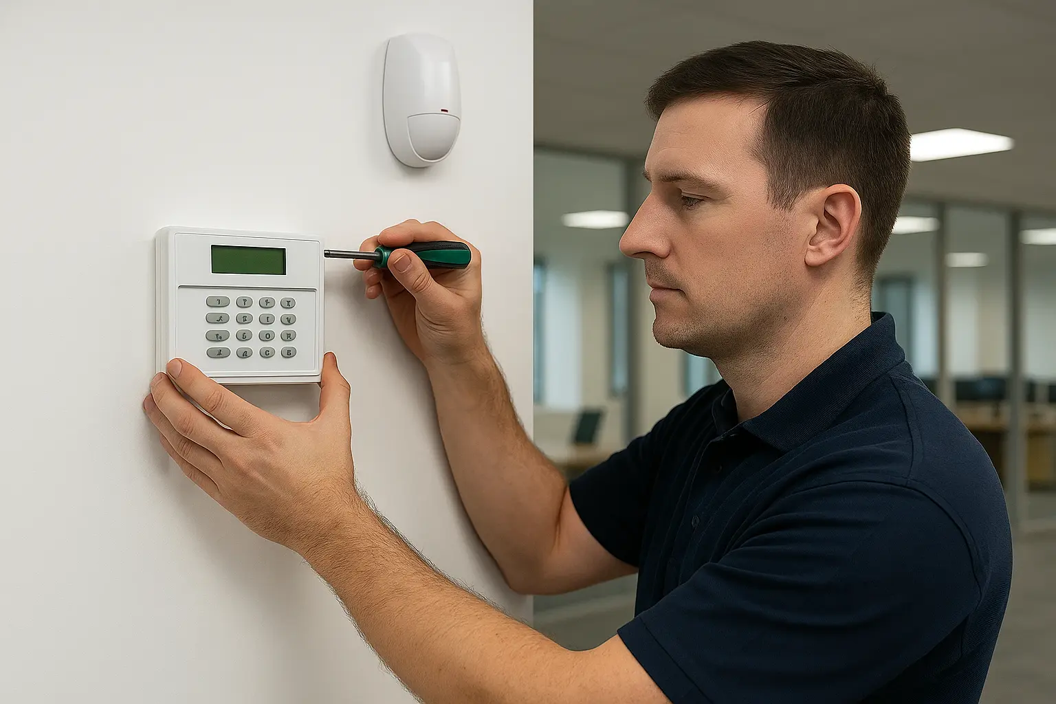 Security engineer installing a commercial alarm system in London office