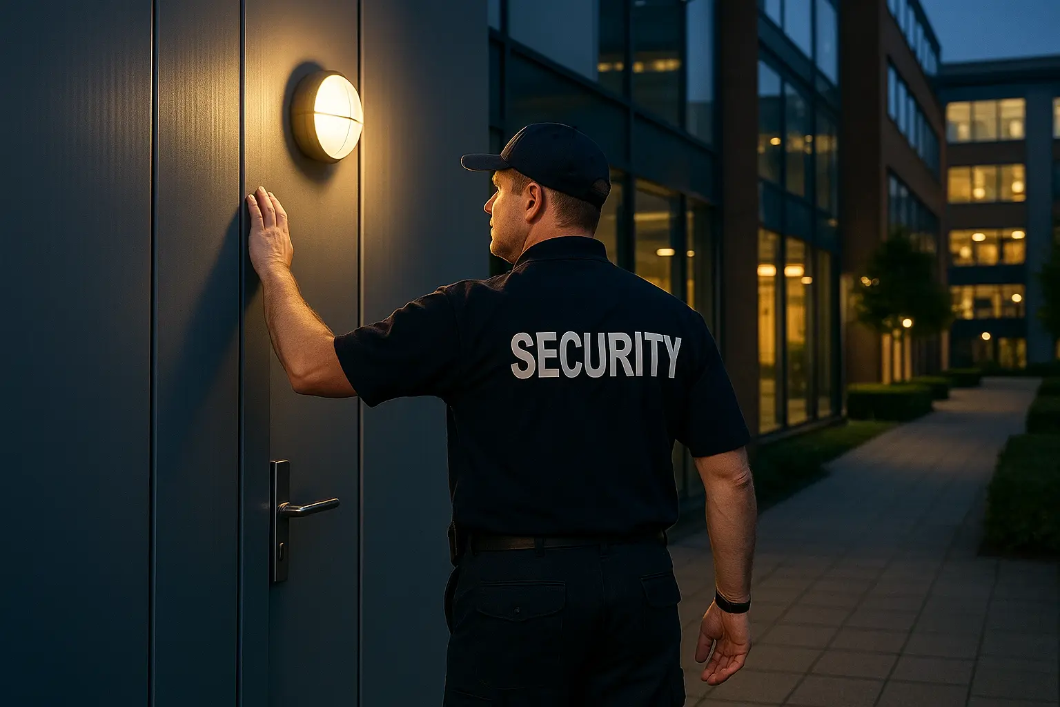 Security officer inspecting access points at a London business park