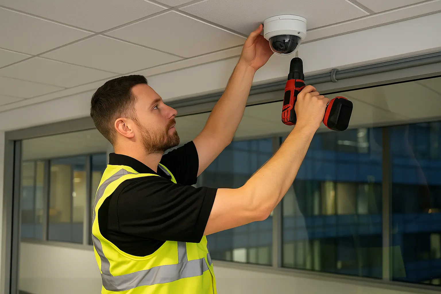 Technician installing CCTV security camera in London office building