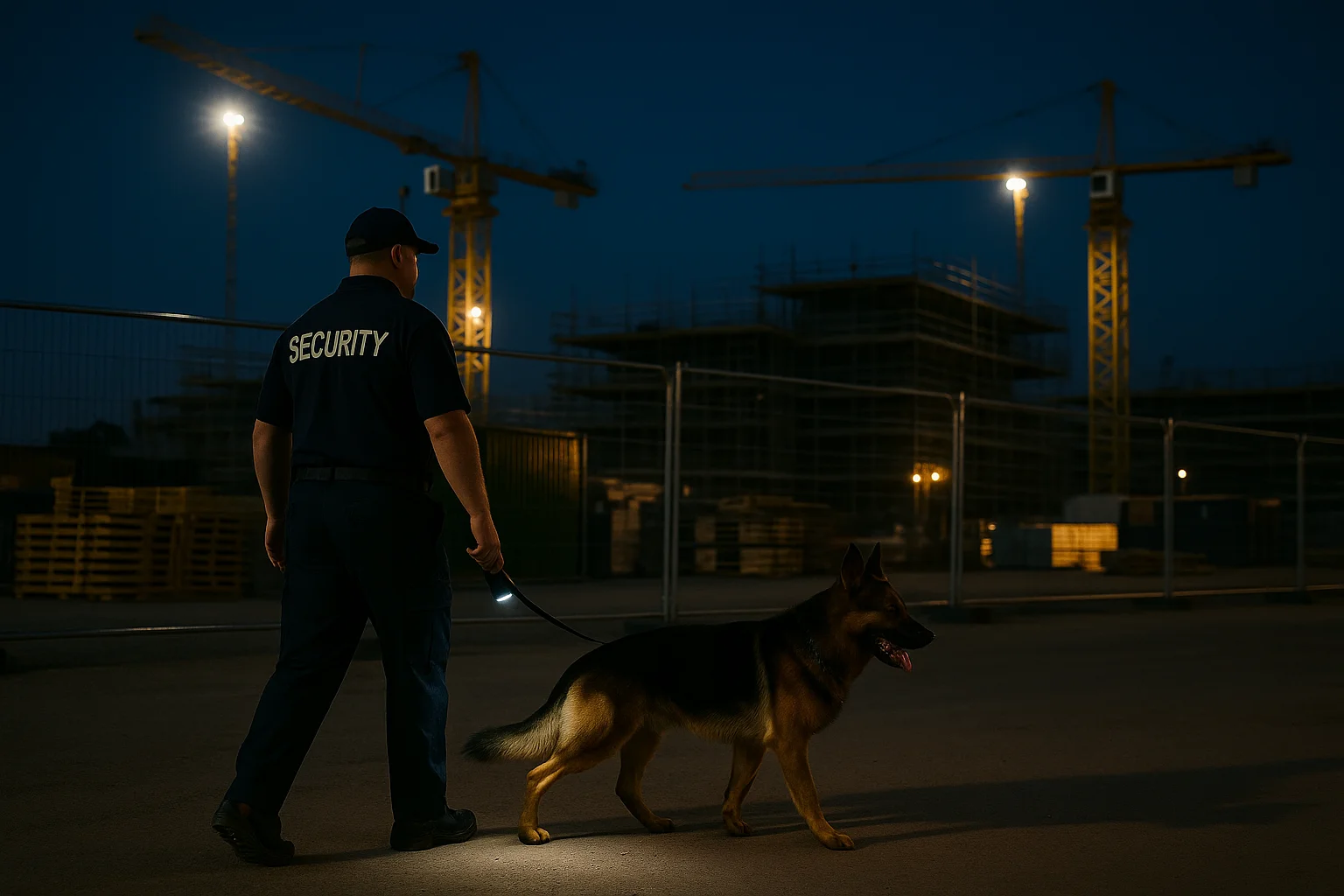 K9 security patrol on a London construction site at night