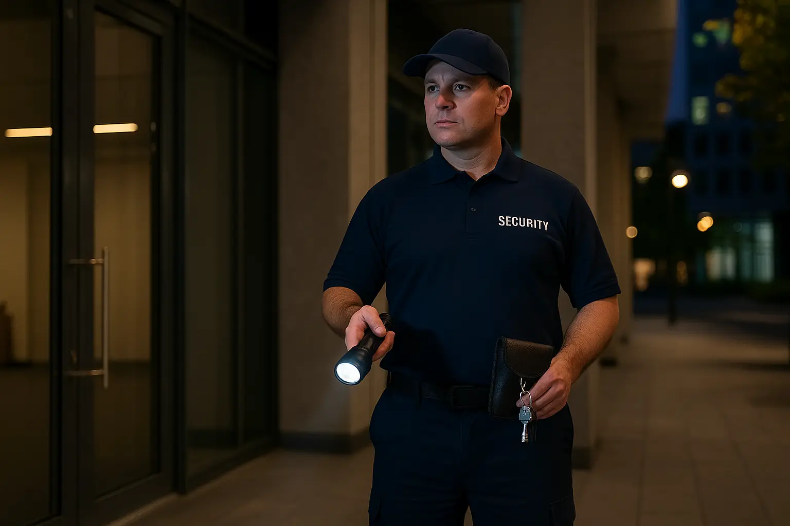 Security officer holding alarm response keys outside London office