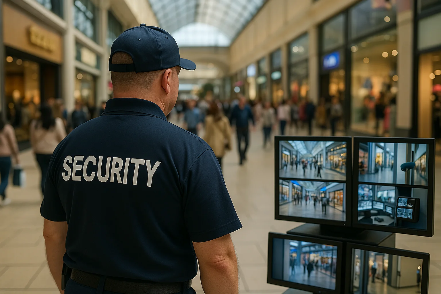 Retail security guard monitoring shoppers in a London shopping centre