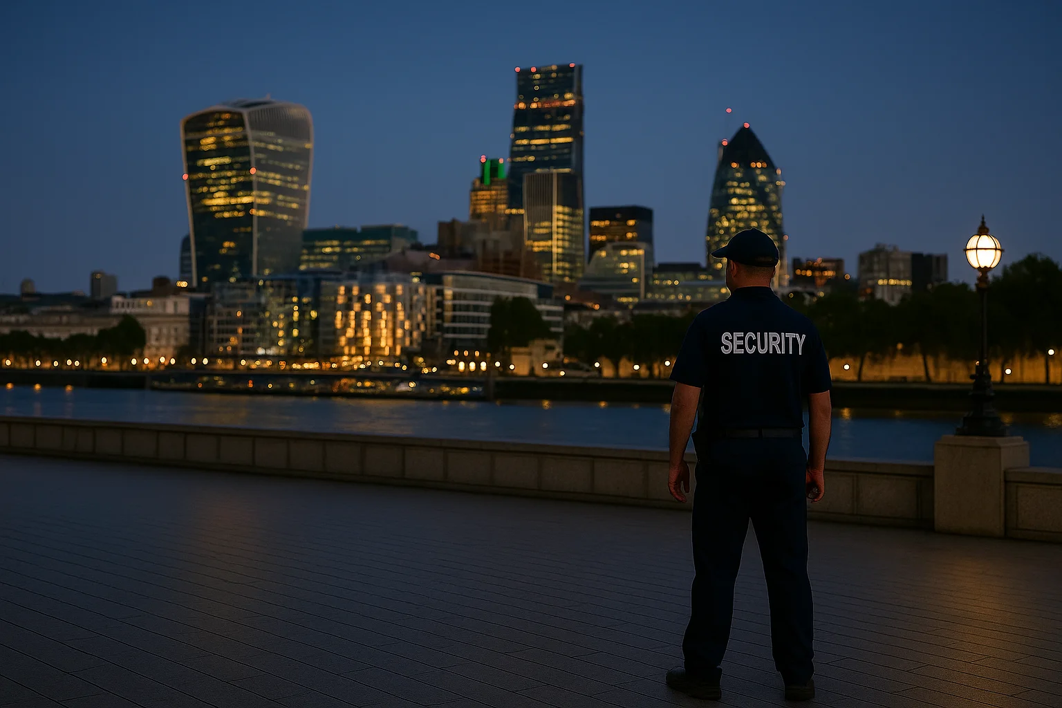 London skyline at dusk with security patrol in the foreground